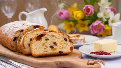 Freshly baked bread with butter and jam near colorful flowers at a cozy breakfast table