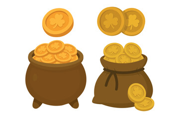 Set of gold coins, pot and bag with shamrock symbols, Saint Patrick Irish vector clipart. © exxxistence