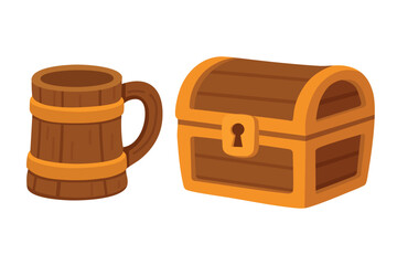 Set of wooden beer tankard and treasure chest for Saint Patrick Irish festive vector clipart.