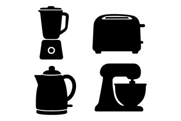 Silhouette of kitchen appliances: blender, toaster, kettle, mixer.