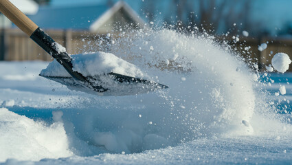 Snowy morning wonder as a shovel lifts fresh snow under clear blue skies near a cozy house in winter