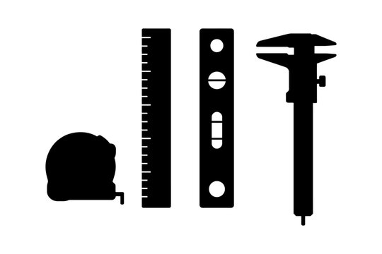 Silhouette of measuring tools: helmet, ruler, level, caliper.