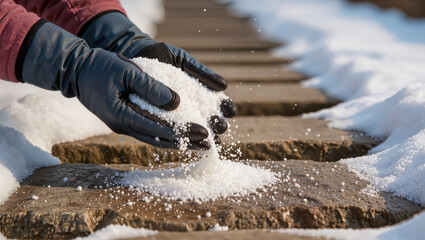 Snowflakes dance as hands shape winter&rsquo;s blanket on a tranquil stone path during a serene afternoon stroll in the snow