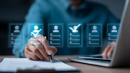 Person selecting candidate profile on digital screen image