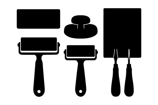 Silhouette collection of printing tools including rollers and carving tools.