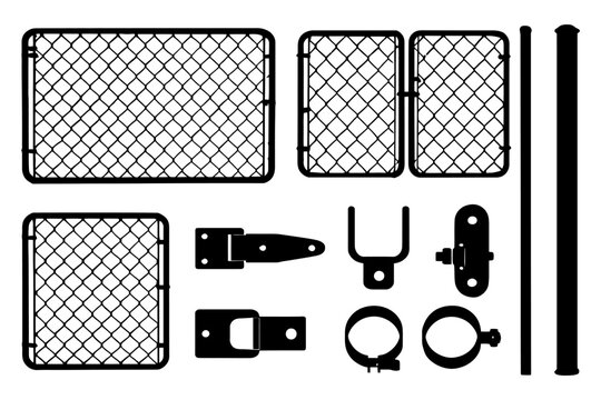 Chain link fence components: gate, panels, hinges, clamps, posts diagram.
