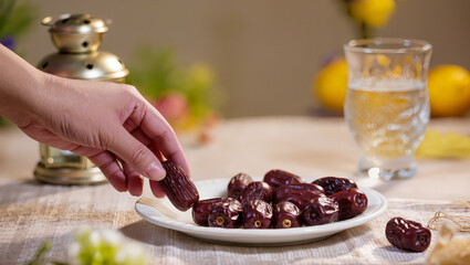 Enjoying sweet dates and refreshing water in a cozy setting during a warm afternoon gathering with friends and family