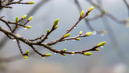 Fresh spring buds glisten with dew on delicate branches, capturing nature's renewal in soft morning light