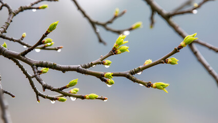 Fresh green buds shimmer with raindrops on branches, welcoming the arrival of springtime in a serene natural setting