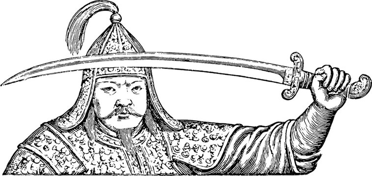 Vintage full body portrait of mongol noble warrior in traditional armor