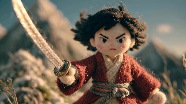 Kubo and the Two Strings - Heroic Stop-Motion Puppet Warrior with Sword in Epic Landscape.