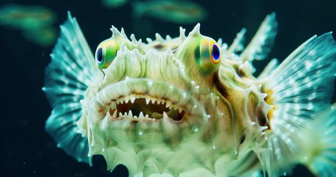 Bioluminescent Deep Sea Anglerfish Slowly Drifting in Dark Abyss with Glowing Lure. Deep Underwater Life Concept.