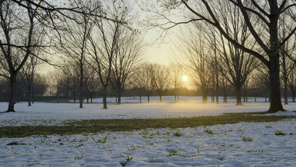 Glowing sunrise through bare trees in a serene winter landscape with fresh snow