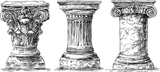 Naklejka premium Antique architectural pillars collection: vintage engraved illustration set for historical design
