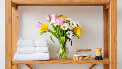 Bright and fresh display of towels and flowers on a wooden shelf in a cozy bathroom setting