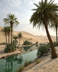 Serene oasis with lush palm trees enclosed by endless desert dunes photorealistic landscape tranquil environment aerial view captivating natural beauty