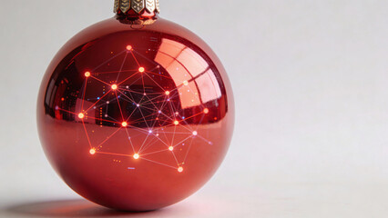 Red christmas ball with digital ai network reflection symbolizing safety protection and future insurance concept for holiday