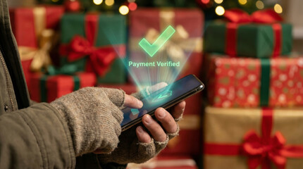 Secure payment on smartphone using ai technology for holiday insurance concept brings relief amid christmas gifts
