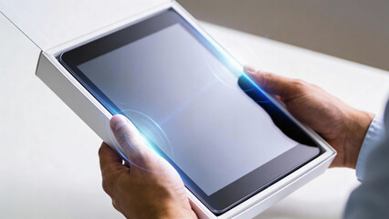 Excited man holding tablet for christmas gift with ai concept. Hand unboxing package plus insurance coverage on technology