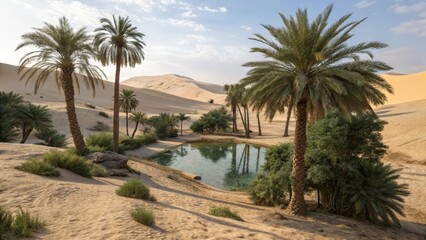 Discovering a lush oasis with palm trees amidst vast desert dunes a visual journey through arid landscapes