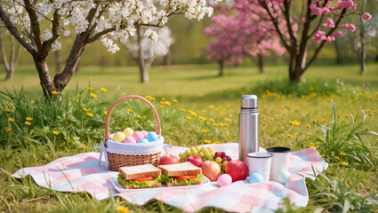 Spring picnic in a blooming park with colorful eggs and delicious sandwiches