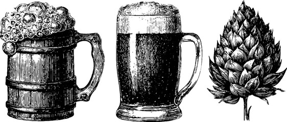 Vintage beer lovers collection: hand drawn engraved beer mugs and hop illustration for retro design