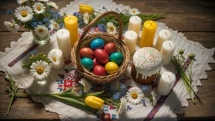 Colorful Easter celebration with decorated eggs, flowers, and candles on a rustic table setting