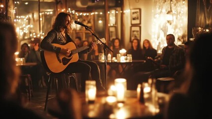 A musician performs with an acoustic guitar in a dimly lit venue, candles and an audience