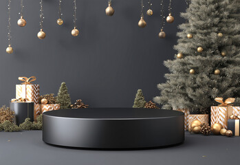 Fondo esc&eacute;nico que representa un ambiente navide&ntilde;o con una est&eacute;tica c&aacute;lida, enfoque comercial y una elegante composici&oacute;n decorativa. Pedestal rodeado de regalos y &aacute;rboles decorativos