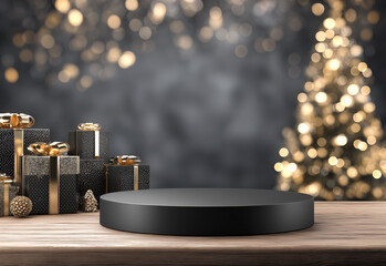 Fondo esc&eacute;nico que representa un ambiente navide&ntilde;o con una est&eacute;tica c&aacute;lida, enfoque comercial y una elegante composici&oacute;n decorativa. Pedestal rodeado de regalos y &aacute;rboles decorativos