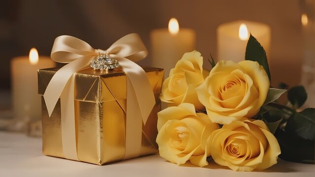 Golden gift box with ribbon and yellow roses on a table with candles - Powered by Adobe