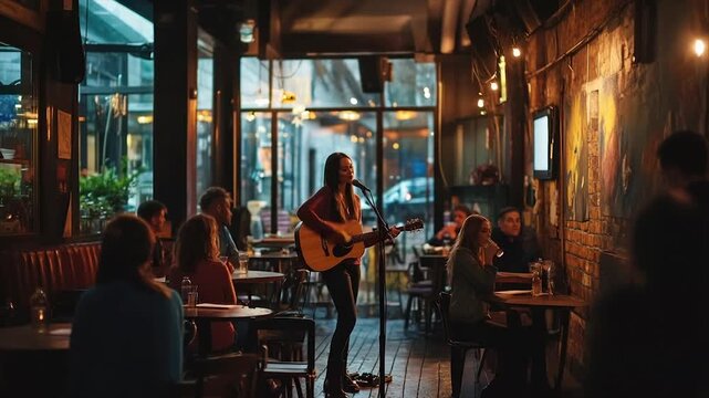 A woman plays guitar and sings in a dim pub, surrounded by patrons at tables