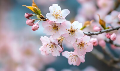 Delicate pink cherry blossoms on a branch soft focus