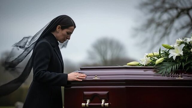 Woman mourner rests hand on wooden coffin during outdoor funeral.