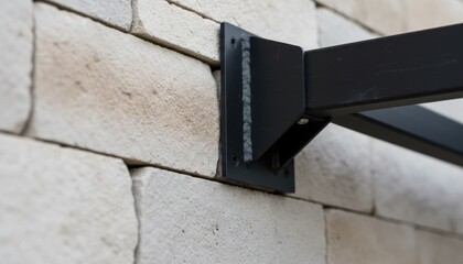 Industrial Detail of Welded Black Steel Bracket on Modern Stacked Stone Wall