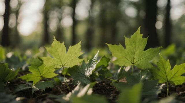 Close-up of vibrant green maple leaves on forest floor, sunlight, blurred trees background