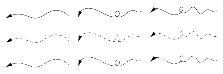 Long squiggle dashed, dotted line arrow vector icon on white background. Vector Illustration.