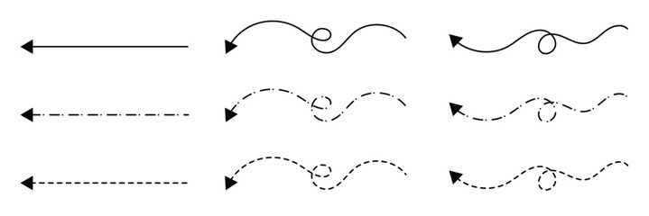 Long squiggle dashed, dotted line arrow vector icon on white background. Vector Illustration.