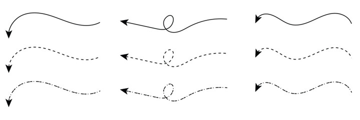 Long squiggle dashed, dotted line arrow vector icon on white background. Vector Illustration.