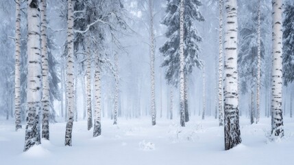 Snow covered birch and pine trees creating a tranquil winter woodland scene. Fresh snowfall blanketing the forest floor