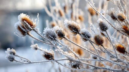 Dried teasel plants standing in winter field, branches covered in white frost creating a cold natural landscape