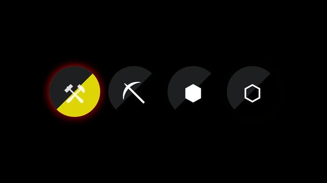 Abstract animation of four circular icons with tools and geometric shapes, representing mining and technology concepts on a black background.