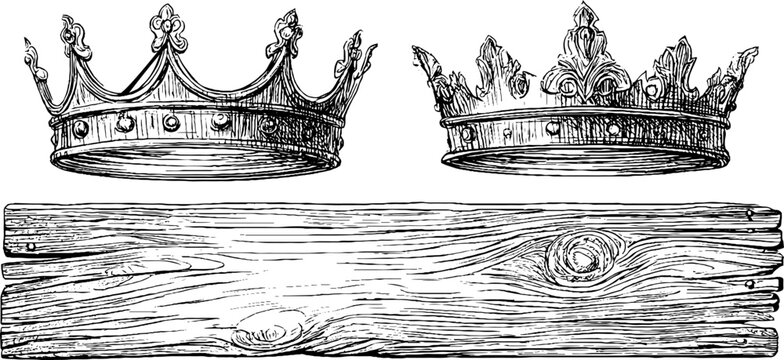 Vintage crown and wooden plank illustration set for design and decoration