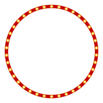 Red circle frame with a glowing border in light bulbs and copy space. Best for theater, cinema, circus or casino projects, show announcements, event advertising. Theater Marquee Frame. PNG. Vector