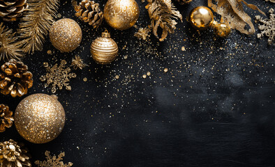 Fondo decorativo que representa un ambiente navide&ntilde;o con est&eacute;tica dorada, fondo negro y una elegante composici&oacute;n visual. Decoraci&oacute;n dorada con pi&ntilde;as, regalos y ramas sobre fondo negro con purpurina
