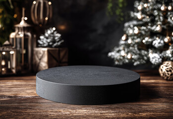 Fondo esc&eacute;nico que representa un ambiente navide&ntilde;o con una est&eacute;tica c&aacute;lida, enfoque comercial y una elegante composici&oacute;n decorativa. Pedestal rodeado de regalos y &aacute;rboles decorativos