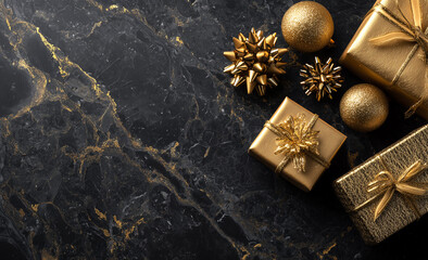 Fondo decorativo que representa un ambiente navide&ntilde;o con est&eacute;tica dorada, fondo negro y una elegante composici&oacute;n visual. Decoraci&oacute;n dorada con pi&ntilde;as, regalos y ramas sobre fondo negro con purpurina
