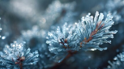 Pine tree needles covered in sparkling ice crystals, showing detail of winter frost on branches