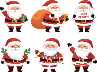 Cute CaCute Santa Claus Character Set with Christmas Gifts and Holiday GreetingsrtooWHand Drawn Shark Species Collection 