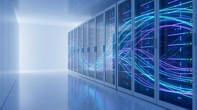 Modern Server Room with Glowing Digital Data Flow and Abstract Connections - Powered by Adobe